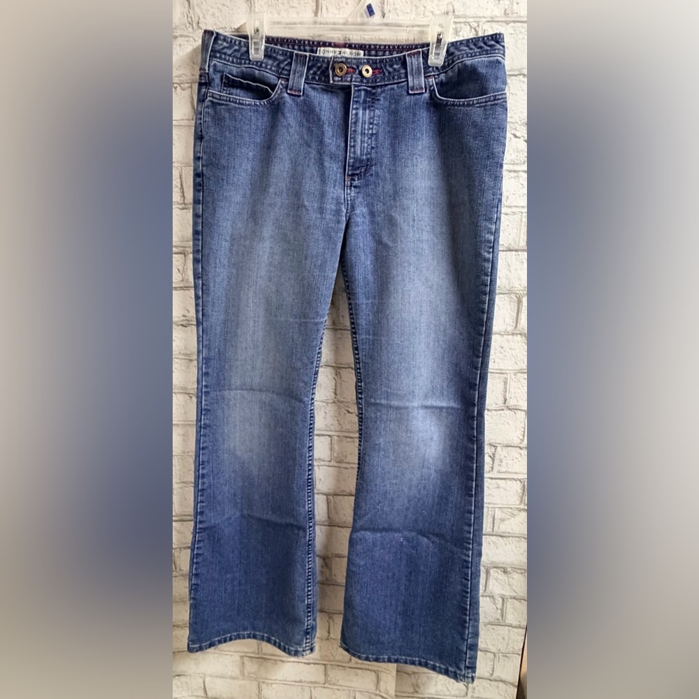 Tommy Hilfiger Women’s Blue Denim Jeans Flared Legs Red Embroidered Logo